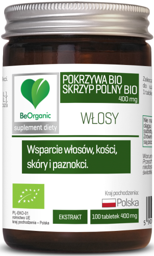 WŁOSY SKRZYP BIO + POKRZYWA BIO 400MG 100 TAB - BEORGANIC