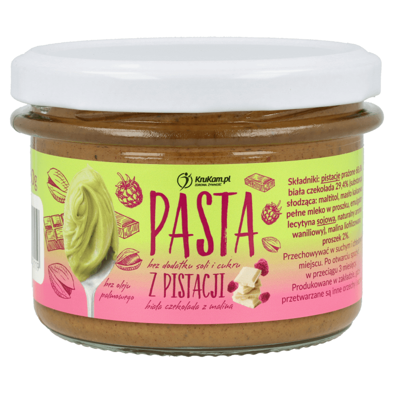 PASTA Z PISTACJI Z BIAŁĄ CZEKOLADĄ I MALINAMI 150 G - KRUKAM
